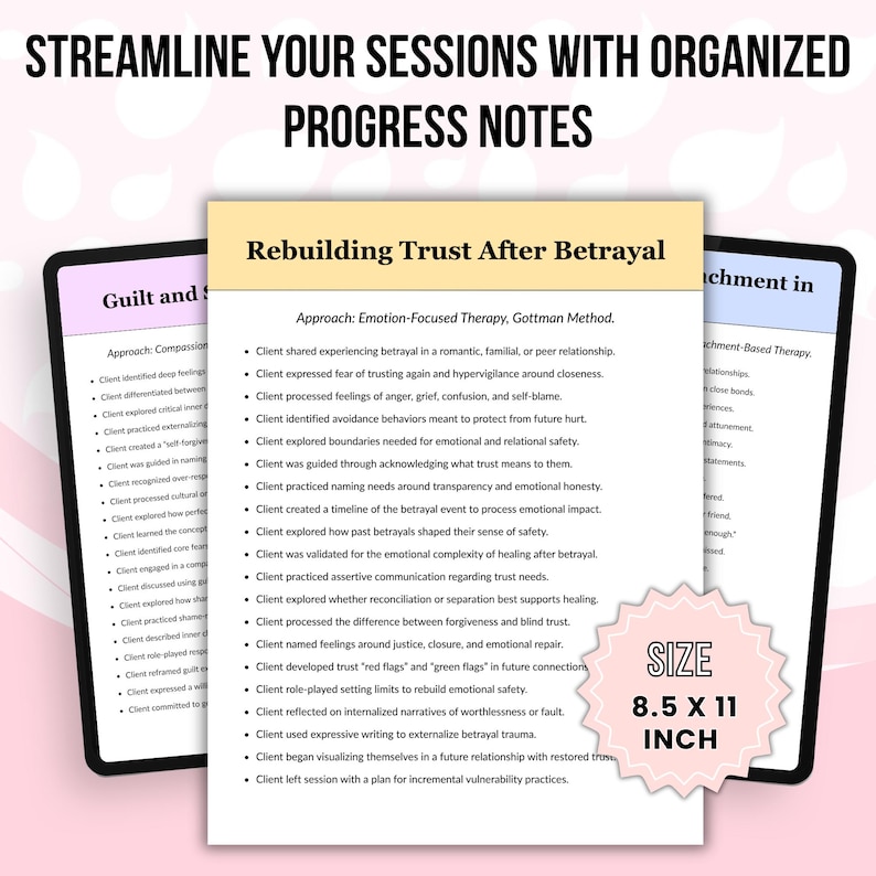 May include: A set of three therapy progress note templates with the text Streamline Your Sessions With Organized Progress Notes. The central document is titled Rebuilding Trust After Betrayal and lists therapeutic approaches. Size 8.5 x 11 inch.