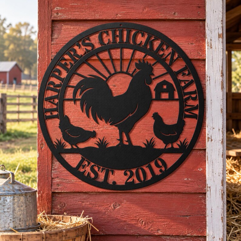Custom Chicken Farm Sign, Personalized Metal Farmhouse Decor, Round ...