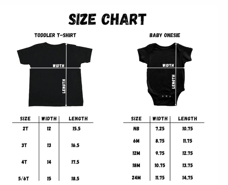 Pu&ograve; includere: Una tabella delle taglie nera per t-shirt per bambini piccoli e body per neonati. La tabella include le misure di larghezza e lunghezza in cm per varie taglie, da 2T a 5/6T e NB a 24M.