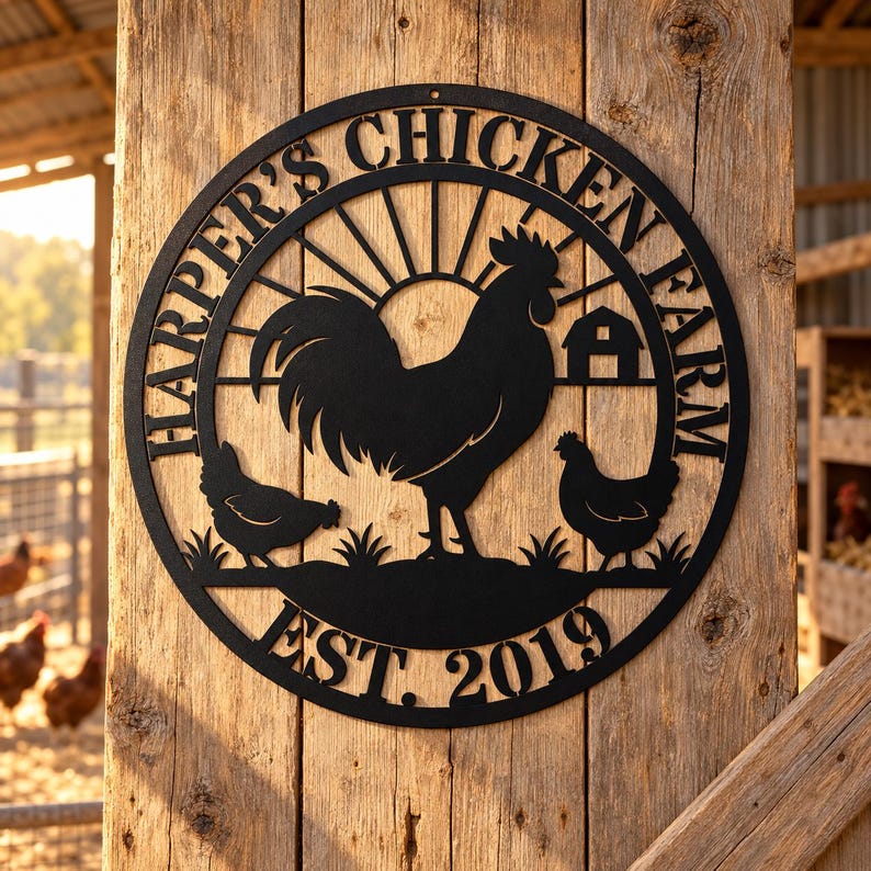 Custom Chicken Farm Sign, Personalized Metal Farmhouse Decor, Round ...