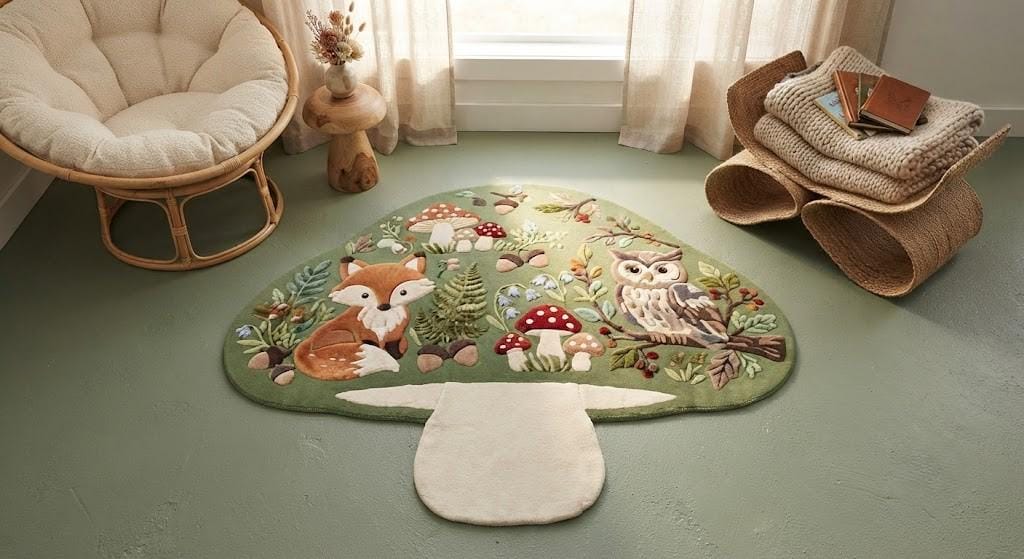 Hand-Tufted Wool Mushroom Rug, Fox Owl Forest Nursery Decor (Custom Shape)