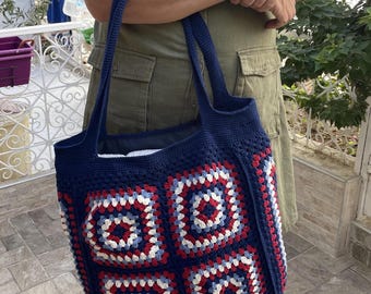 Granny Square Crochet Tote Bag, Large Handmade Shoulder Bag, Blue Boho Market Tote, Retro Style Gift