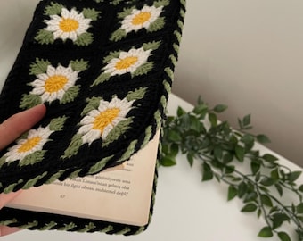 Funda de libro de girasol tejida a mano, protector floral, regalo para amantes de la lectura, accesorio de lectura acogedor.