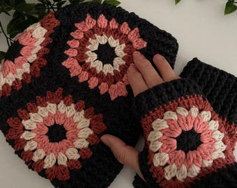 Granny Square Beanie and Gloves Set, Crochet Hat, Boho Wrist Warmers, Retro 70s Style Gift
