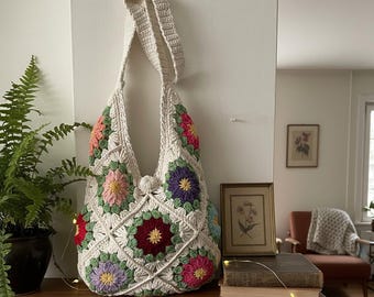 Crochet Granny Square Bag, Handmade Boho Floral Shoulder Bag, Vintage Style Colorful Summer Purse, Unique Artisan Gift