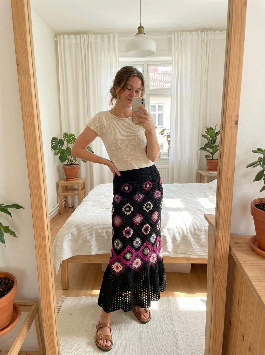 Black Crochet Maxi Skirt, Granny Square Long Skirt, Boho Summer