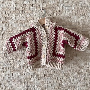 Crochet Baby Hooded Cardigan, Pink Berry Chevron Sweater, Boho Baby Shower Gift