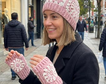 Pink Granny Square Beanie Set, Cottagecore Crochet Hat & Fingerless Gloves, Dusty Rose Grandmillennial Knit Winter Accessories, Boho Gift
