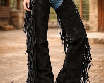 Handmade Black Suede Cowgirl Chaps – Western Fringe Rodeo Pants
