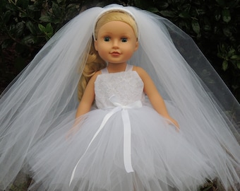 The Hair Bow Factory Wedding Dress Inspired First Communion White Tutu Dress with Veil Headband 18 inch Doll Dress