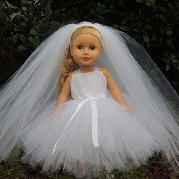 The Hair Bow Factory Wedding Dress Inspired First Communion White Tutu Dress with Veil Headband 18 inch Doll Dress