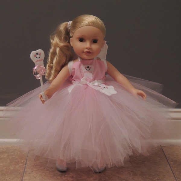 The Hair Bow Factory Tooth Fairy Inspired Pink and White Tutu Dress Wings Wand and Matching Shoes 18 inch Doll Dress