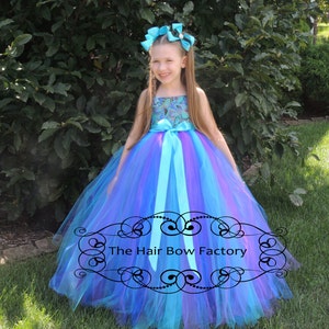 The Hair Bow Factory Turquoise, Royal Blue, and Purple Peacock Flower Girl Tutu Dress Size 12-24 Months to Size 14