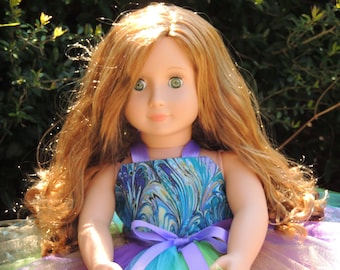 The Hair Bow Factory Peacock Turquoise Green and  Purple 18 inch Doll Dress and Matching Shoes