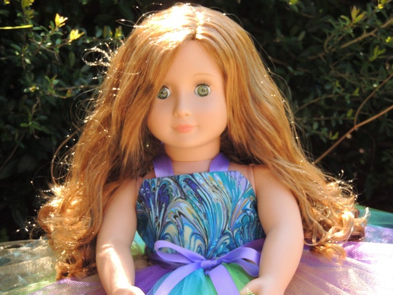The Hair Bow Factory Peacock Turquoise Green and  Purple 18 inch Doll Dress and Matching Shoes