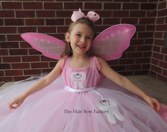 The Hair Bow Factory Tooth Fairy Inspired Pink and White Tutu Dress and Wings Size 6-12 Months to 14