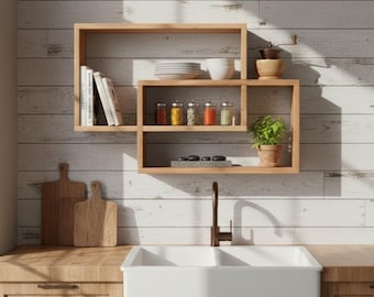Modern Wooden Wall Shelf - Asymmetric Floating Display Rack - Rustic Solid Wood Wall Shelves - Decorative Wall Shelves