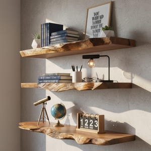 May include: Three wooden floating shelves with live edge detailing are mounted on a light gray wall. The shelves display books, a small telescope, a globe, a desk lamp, and a framed print with the text "YOU WHEAD YOUR TOUHE YOUR YOU".