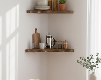 Live Edge Corner Shelf - Rustic Live Edge Corner Shelf - Handcrafted Corner Shelf Mid-Century Decor - Natural Live Edge Corner Shelf