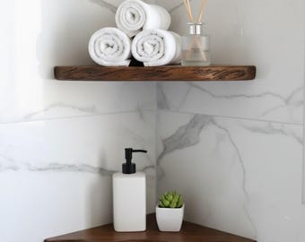 Zwevende hoekplanken - aangepaste hoekplanken - handgemaakte massief houten zwevende muurplank - zwevende planken met levende rand - rustiek decor