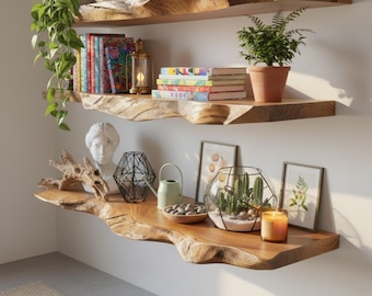 Live Edge Rustic Floating Shelf - Live Edge Floating Shelf with Hidden Bracket - Rustic Wood Shelves -  Modern Wall Mounted Storage Rack