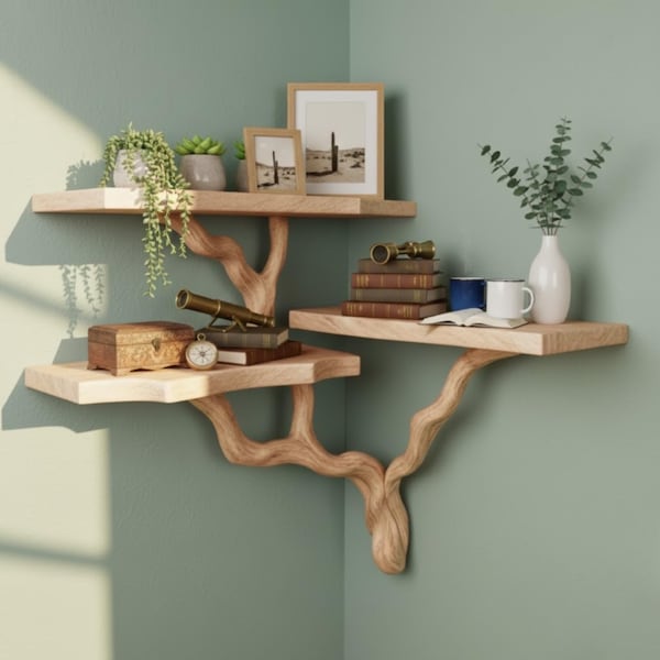 3-Tier Corner Shelf - Rustic Tree Branch Corner Shelf - Boho Style Corner Shelf - Solid Wood Book Shelve - Custom Driftwood Wooden Bookshelf