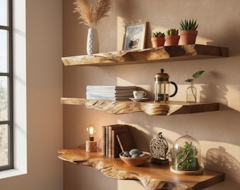May include: Three wooden floating shelves with live edge detailing. The shelves are adorned with decorative items, including plants in terracotta pots, books, a coffee press, a lamp, and a glass cloche with greenery.