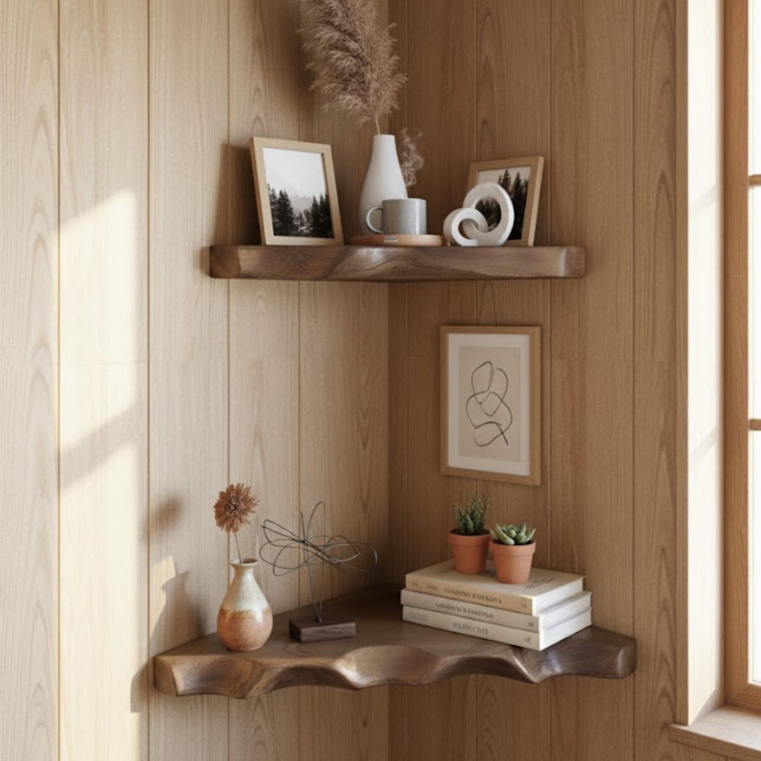 Rustic Live Edge Corner Floating Shelf - Solid Wood Wall Mount Shelving ...