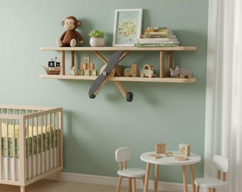 Wooden Airplane Shelf - Wooden Baby Shelf - Montessori Nursery Decor - Handmade Wooden Wall Shelf -Boho Room Decor - Natural Wood Rack