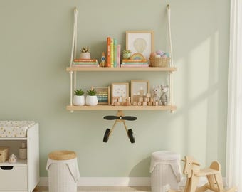 Vintage Style Airplane Floating Shelf - Wooden Baby Shelf - Rope Hanging Shelf - Kids Wall Shelf - Boho Room Decor - Natural Wood Rack