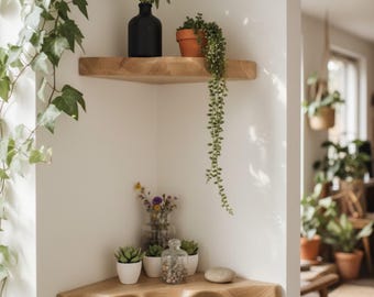 Houten Live Edge-hoekplanken - Massief houten Live Edge-plank - Rustieke houten zwevende plank voor modern minimalistisch huis - Boho Home Decor