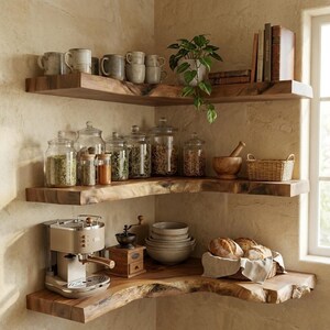Könnte beinhalten: Eine Küchenecke mit drei Holzregalen. Das oberste Regal beherbergt Tassen und eine Topfpflanze. Das mittlere Regal zeigt Gläser mit Gewürzen. Das untere Regal verfügt über eine Kaffeemaschine, eine Mühle, Schalen und einen Brotkorb.