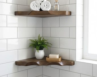 Rustieke houten muurplank hoek - natuurlijke houten zwevende plank muurdecoratie - premium handgemaakte walnoot hoekplank - houten hoekplank keuken