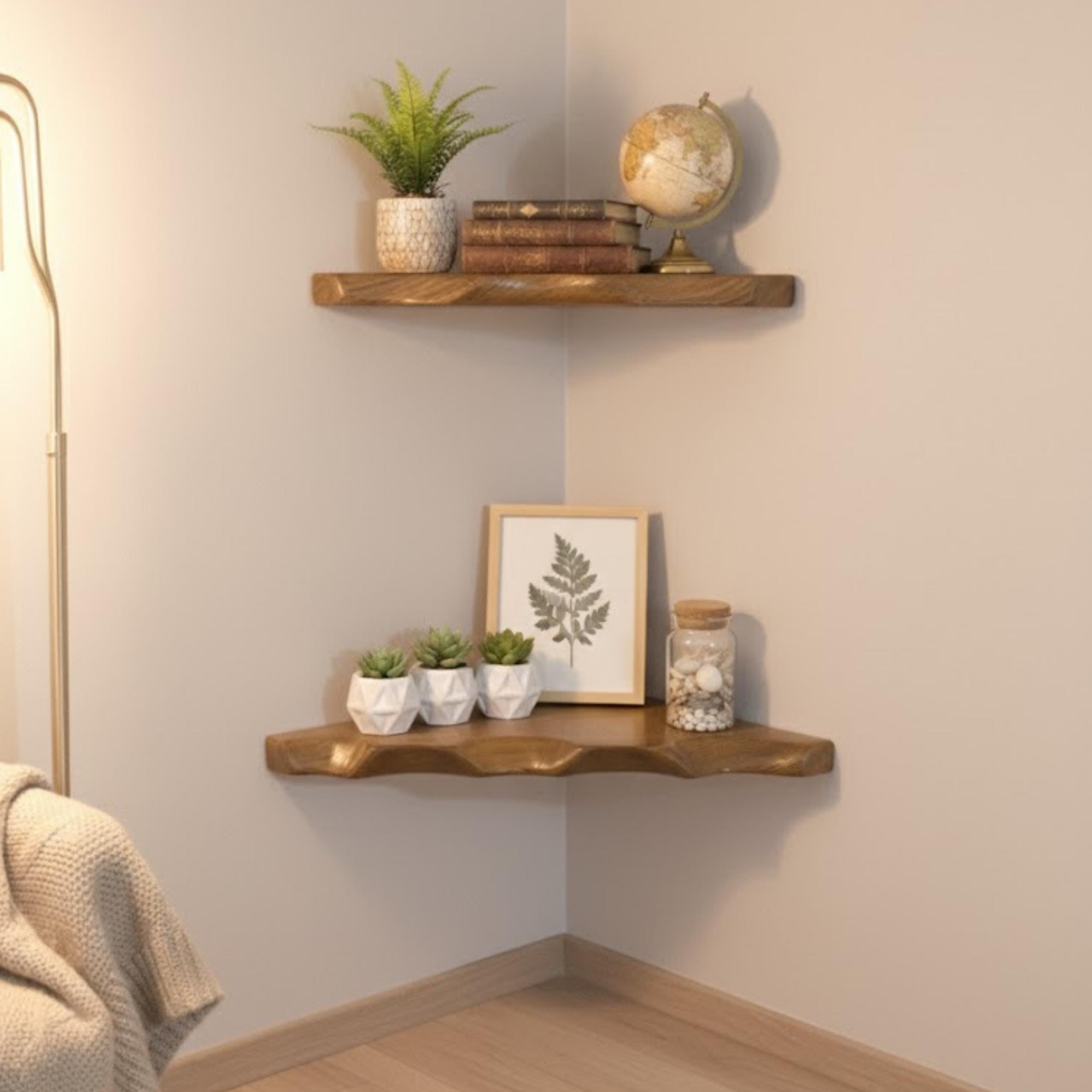 Rustic Live Edge Corner Floating Shelf - Solid Wood Wall Mount Shelving ...