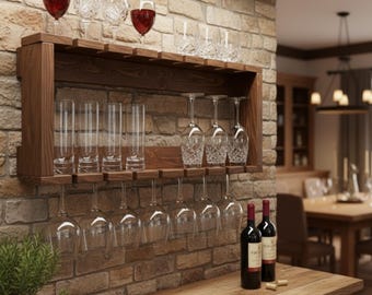 Wijnrek - Wand Gemonteerd Wijnrek - Inclusief 4 Planken - 2 Glazen Houder Wijnrek Voor Aan De Muur Zwart