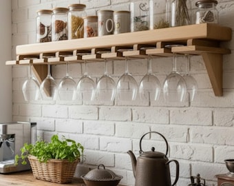 Soporte minimalista para copas de vino - Soporte para botellas y copas de vino - Estante para botellas y copas de vino - Estante para copas de vino de madera maciza