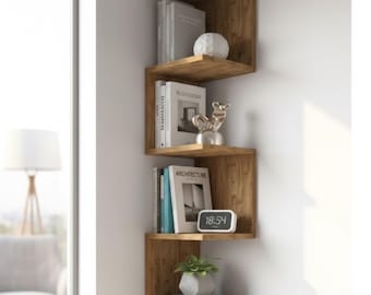 Rustic Corner Wall Shelf - Floating Wood Shelf - Space Saving Corner Rack - Modern Wall Decor - Handmade Wooden Storage Shelves