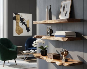 Live Edge Floating Shelf - Modern Natural Shelf -  Solid Walnut Wooden Shelves - Handmade Wooden Wall Bookshelf - Wall Mounted Storage Rack