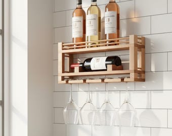 Vinställ i trä för vägg - Väggmonterad drinkbar - Väggorganisatör för vinflaskor - Vinställ i trä - Rustikt massivt trähylla