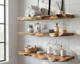 Live Edge Solid Wood Shelves - Handmade Walnut Live Edge Floating Shelf - Modern Wall Mounted Storage Rack-Minimalist Wood Wall