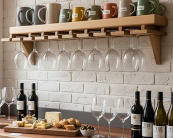 Botellero de madera para pared - Estante para botellas y copas de vino - Bar de pared - Botellero de whisky de madera - Botellero de madera maciza