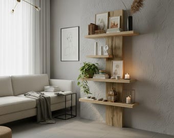 Modern Wall Shelf - Wooden Bookcase - Wooden Bookshelf - Wooden Bookshelf Shelf Storage -Modern Asymmetrical Bookshelf - Rustic Wooden Shelf