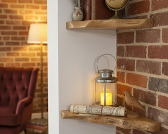 Live Edge Wood Corner Shelves - Shelf Live Edge Shelves - Rustic Wall Natural Solid Wood Bookshelf - Solid Wood Wall Shelving for Home Decor