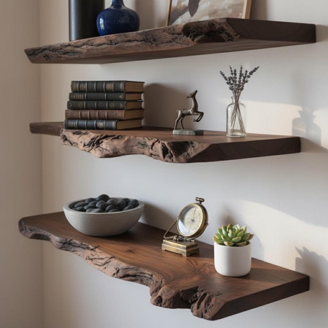 Live Edge Walnut Floating Shelves - Rustic Wood Shelves - on Wall ...