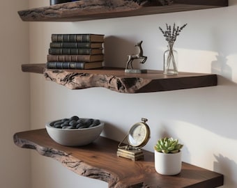 Estantes flotantes de nogal con borde natural - Estantes de madera rústica - Librería de pared artesanal - Estructura robusta de madera maciza - Estante de madera para interiores