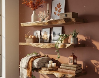 Live Edge Rustic Floating Shelf - Live Edge Floating Shelf with Hidden Bracket - Minimalist Wood Wall-Floating shelves - Natural Wall Decor