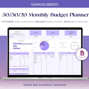 Puede incluir: Una computadora portátil muestra un planificador de presupuesto mensual 50/30/20 en Google Sheets. La pantalla muestra un desglose del presupuesto con secciones para necesidades, deseos y ahorros. El texto en la parte superior dice "50/30/20 Monthly Budget Planner."