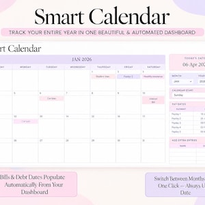 May include: A digital Smart Calendar dashboard featuring a monthly grid for January 2026 with pastel purple and pink accents. The interface includes a sidebar for today's date, month and year selectors, payment dates, and an extra entries section.