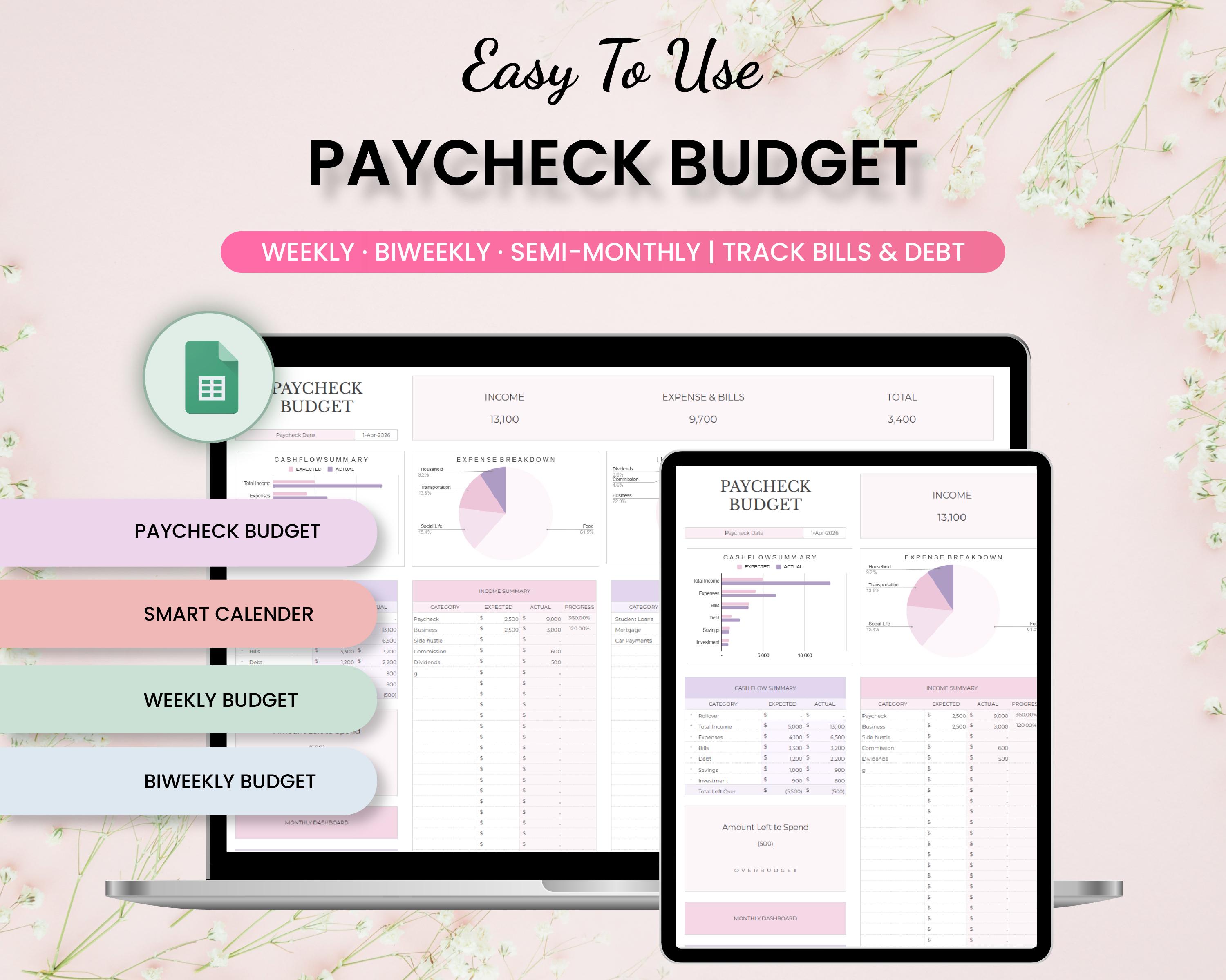 Paycheck Budget Template Google Sheets | Weekly Biweekly Semi-monthly ...