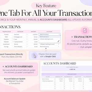 May include: A digital financial dashboard interface featuring a Transactions tab and an Accounts Dashboard. Text includes Key Feature One Tab For All Your Transactions, Enter Once & Your Monthly, Annual & Accounts Dashboard All Update Automatically.